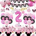 Pink Mouse 2nd Birthday Party Supplies, Oh Twodles Girl Second Party Decorations Includes Happy Birthday Banner, Hanging Swirls, Tablecloth, Cake Cupcake Toppers, Bow Foil Balloon, Latex Balloons