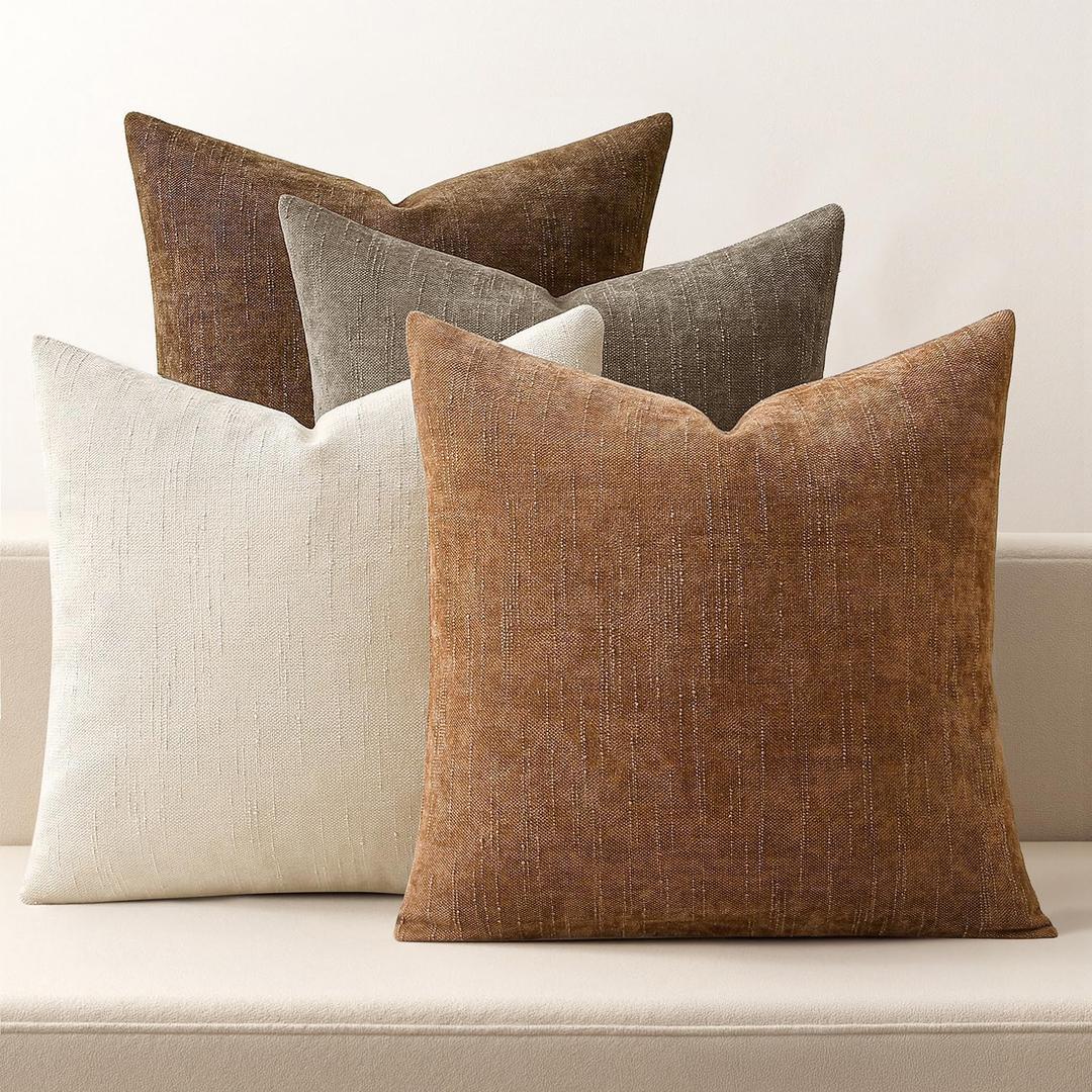 MIULEE Pack of 4 Fall Decorative Throw Pillow Covers 16x16 Inch Brown Chenille Textured Throw Pillows Boho Farmhouse Rustic Cushion Covers for Vintage Modern Home Decor Couch Sofa Bed Living Room