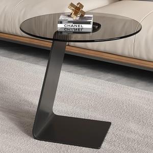 Modern C-Shaped End Table, Tempered Glass Tabletop Couch Side Table, Black Round C Table for Living Room, Bedroom, or Sofa Side Stylish Accent Table (Grey), 19.6 inches x 19.6 inches x 25.5 inches