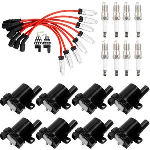HQPASFY UF262 Ignition Coils & Iridium Spark Plug & Wires Set of 8 Compatible with 1999-2007 Chevy Avalanche Express Silverado 1500 2500 3500 GMC Savana Sierra V8 4.8L 5.3L 6.0L (Round Coils)