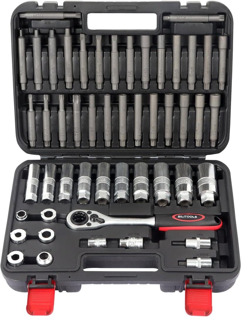 BILITOOLS 50PCS Shock Absorber Strut Nut Socket Set Master Suspension Strut Top Mount Nut Removal Install Automotive Tool with Ratchet Adaptors