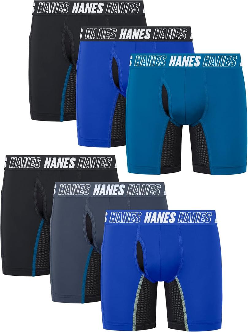Hanes Boys' Moves Underwear Anti Chafe Boxer Briefs, 6-Pack (Medium, Black/Blue- Long Leg)