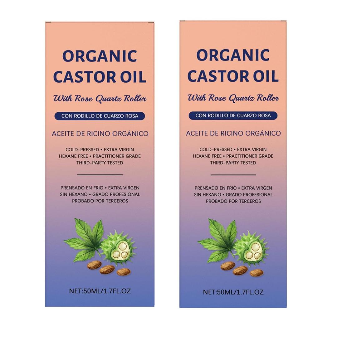 JISKG 2 Pcs Organic Castor Oil with Rose Quartz Roller, 100% Pure Cold-Pressed Castor Oil for Hair Growth, Eyelashes, Eyebrows & Moisturizes Skin Care,Hexane-Free.