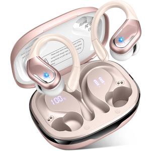 Wireless Earbud, 75H Bluetooth 5.4 Headphones Sport IP7 Waterproof, Running Wireless Earphones with ENC Noise Canceling Mic, 3D Bass Over Ear bud with Earhooks for Android, iOS, Workout, Gym, Rosegold
