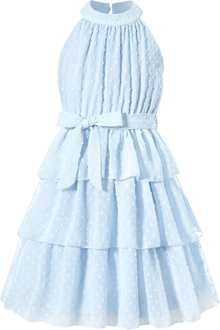 Move Dance Girls Halter Neck Dress Summer Flared A-Line Swiss Dot Chiffon Sundress  Size 12-13 Years Old, 07 Blue