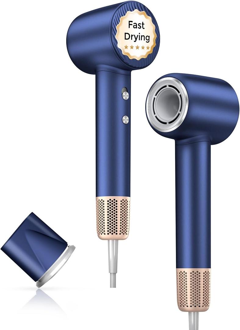 Hair Dryer, 140000 RPM High-Speed Brushless Motor Negative Ionic Low Noise Blow Dryer for Fast Drying, Thermo-Control Quiet Compact with Magnetic Nozzle for Home Travel Salon Use,Blue