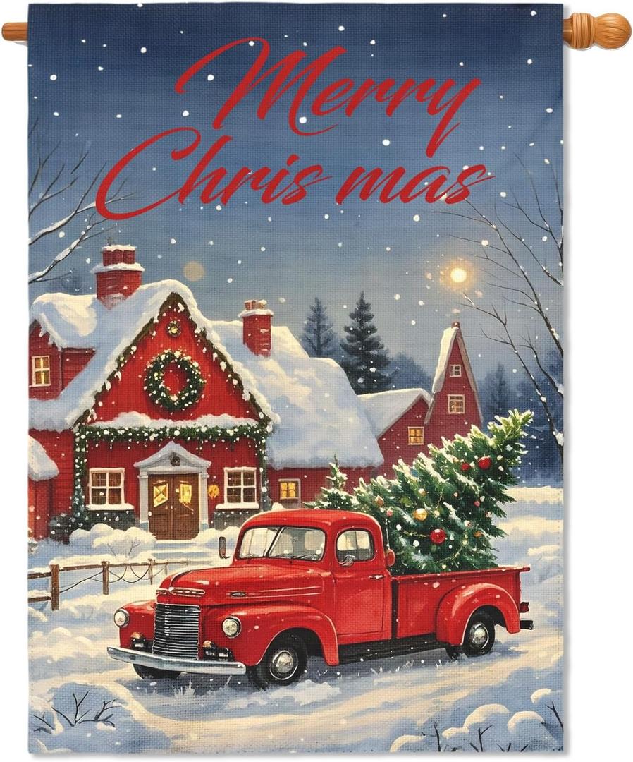 Merry Christmas House Flag 28x40 Inch Red Truck House Xmas Winter Holiday Seasonal Theme Decorative Garden Flags for Outside Double Sided Outdoor Home Farmhouse Decoration Porch Yard Decor