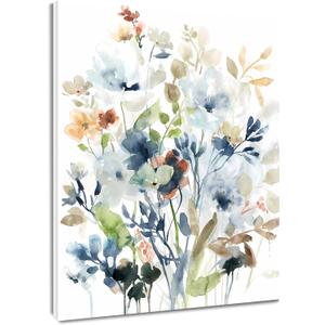 EOBTAIN Watercolor Blue Flower Wall Art Nature Plant Wildflower and Plant Leaf on White Framed Wall Art Rustic Botanical Painting Picture Artwork Bathroom Decor 16x20 Inches (20L" x 16W")