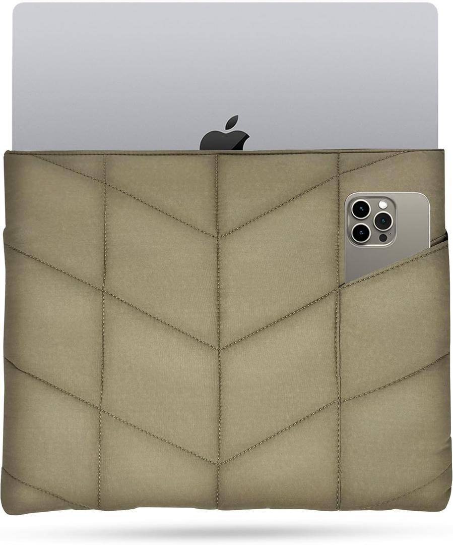 UZBL Puffy Laptop Sleeve 13-14 inch, Puffer Laptop Carrying Case for Women, Pillow Case Compatible for MacBook Air M3 2024 M2 M1, MacBook Pro 13 in 14 in, Diamond Stitched Sleeve (Khaki)