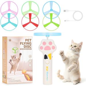 Cat Fetch Toy, Rechargeable Flying Disc Launcher with 6 Flying Discs, Cat Interactive Hunting Toys for Outdoor & Indoor (White)