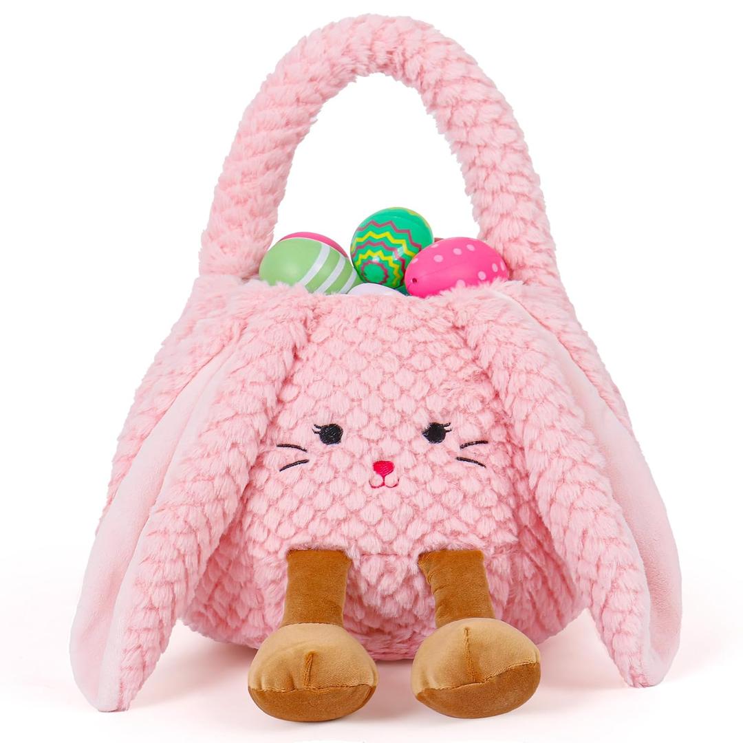 Easter Basket Plush for Kids, Cute Bunny Easter Bucket Egg Hunt Bag Boys Girls Festivals Gift