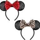 2 PCS Mouse Ears, Shiny Sequin Bow Mouse Ears Headbands for Adult Women Girls Christmas Birthday Party (Red&leopard)