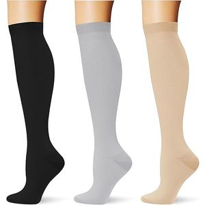 (3 pairs) Compression Socks for Women Men 20-30 mmHg Long Knee High Socks Circulation Athletic Support Running Black/Nude/Lightgrey L/XL