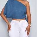 SOLY HUX Women's One Shoulder Blouse Short Sleeve Drawstring Side Casual Summer Crop Tops (Blue, L)