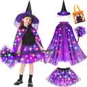 Jeowoqao Witch Costume for Girls Halloween Costumes, Light up Halloween Dress up Witch Cape Skirt Broom for Girl 3 4 5 6