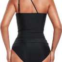 Women's Two Piece Tankini Swimsuits One Shoulder Tummy Control Keyhole Bathing Suits Swim Top with Bottom (Black, L)