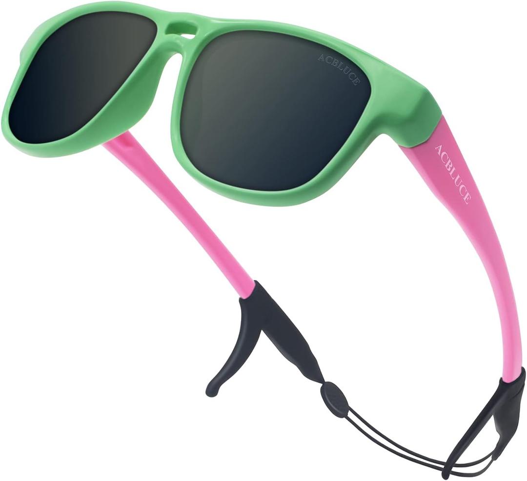 Kids Sunglasses TPEE Unbreakable Frame Polarized Sports Glasses with Adjustable Strap For Boys Girls Age 5-12 (Green Pink Frame/Grey Lens)