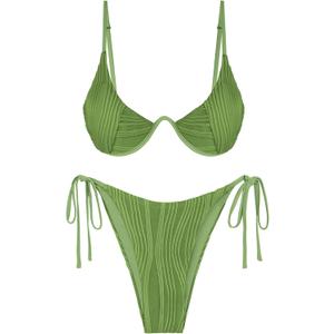 ZAFUL Women's Bikini Sets Ribbed Two Piece Swimsuits Underwire Adjustable Back Clasp Bathing Suit Side Tie Thong Swimwear (Medium, Green)