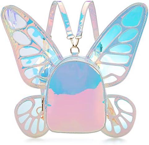 Women's Laser Holographic Backpack Butterfly Angel Wings Casual Daypack Shoulder Bag (Laser Light Blue)