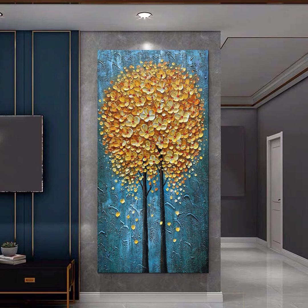 Yotree Paintings, 24x48 Inch Paintings Yellow Flowers Oil Hand Painting 3D Hand-Painted On Canvas Abstract Artwork Art Wood Inside Framed Hanging Wall Decoration Abstract Painting