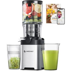 AMZCHEF Cold Press Juicer, Juicers Machines - 5.2" Masticating Juicer for Whole Fruits & Vegetables, Stainless Steel Easy to Clean, Large Auger, Triple Strainers, Silver