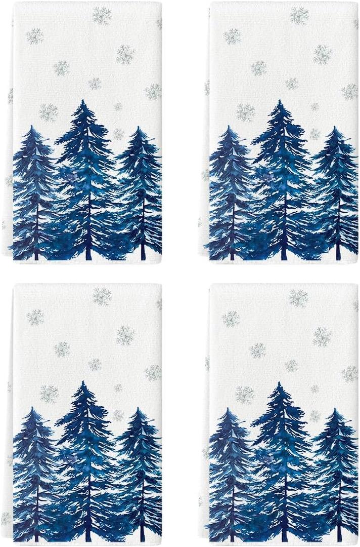 Artoid Mode Blue Xmas Tree Christmas Kitchen Towels Dish Towels, 18x26 Inch Farmhouse Snowflakes Winter Decoration Cleaning Set of 4