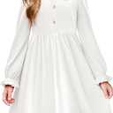 Arshiner Girls Long Sleeve Dress Fall Winter Ruffle Peter Pan Collar Front Button Casual Cotton Dresses (6-7 Years, White)