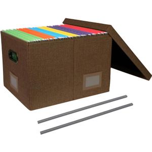 Portable File Organizer Box with Lid, Office Document Storage with Multi-Label Slots, Fits Letter/Legal Size Files, Lightweight and Stackable (Brown, Hanging Files)