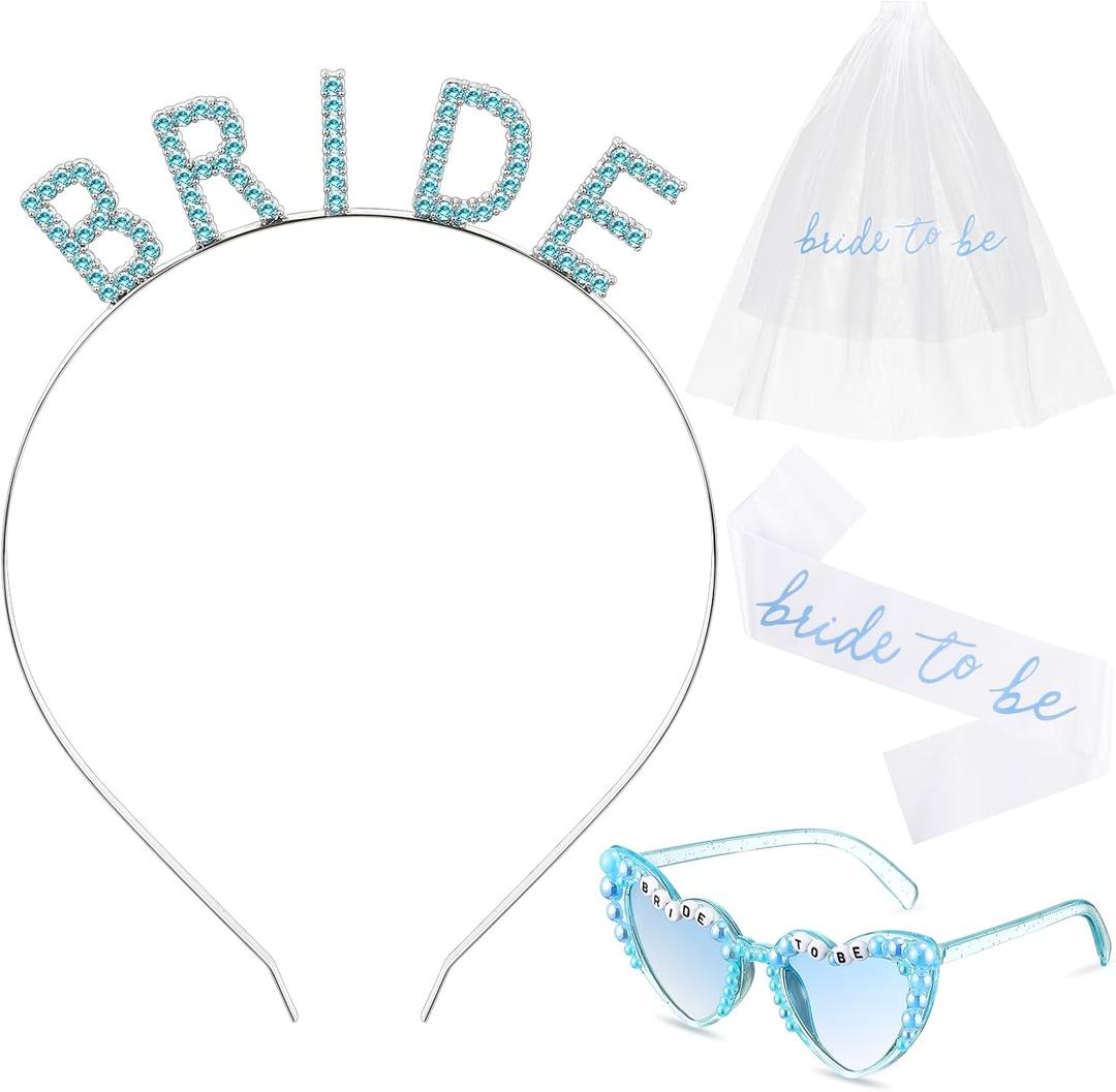 Bride Headband Decorations Set Include Blue White Rhinestone Bridal Headband with Sash Veil and Blue Heart Shaped Sunglasses for Women Bachelorette Party Wedding Bridal Shower Gift