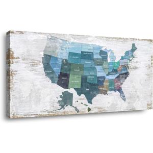 Map of The United States Wall Decor Map Canvas Wall Art for Wall Decoration Wood Background USA Canvas Prints for Bedroom Office Kitchen Home Wall Decor Framed Artwork Ready to Hang24"x48"