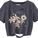 Avanova Women Distressed Loose Crop Top Oversized Short Sleeve Ripped Tee Shirt (Medium, Grey Floral)