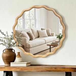 AMOISE Scalloped Round Mirror 28", Boho Wavy Wooden Frame Wall Mirror, Shatterproof Circle Accent Mirror for Bathroom, Bedroom, Entryway and Living Room