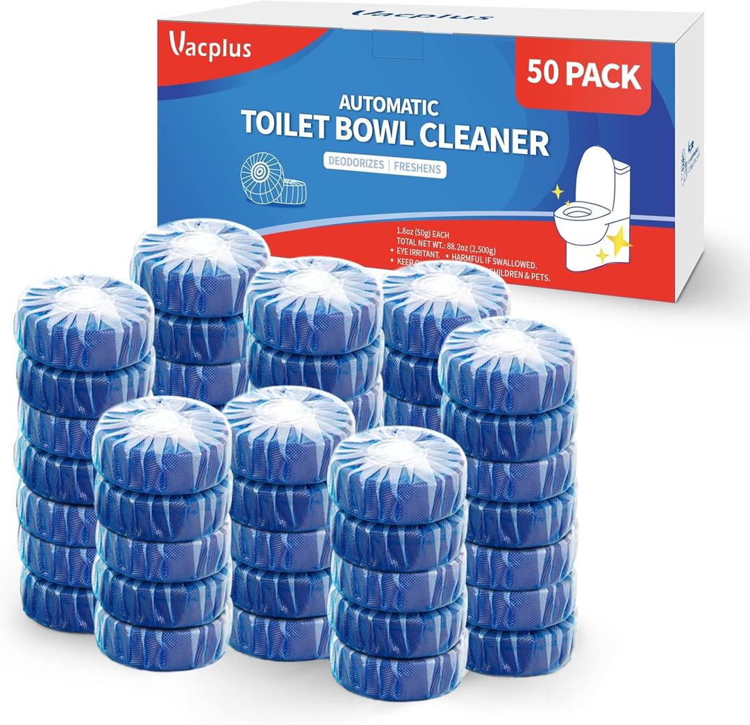 Vacplus Automatic Toilet Bowl Cleaner Tablets, Drop-In Tank Cleaner for Bathroom, Prevent Stains & Deodorize, Long-Lasting Cleaning Tabs, Easy-Use Freshener for Bowl & Tank, 50 Pack