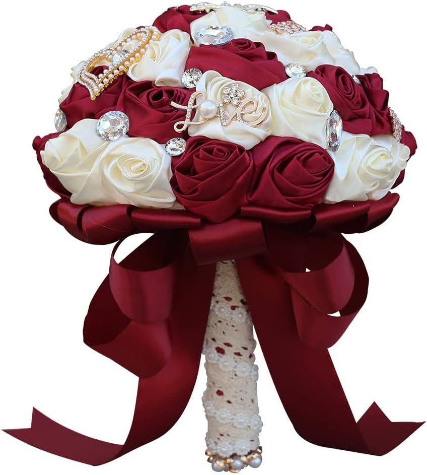 Sharebeauty 5.9 Inch Handmade Satin Rose Bridal Bouquet Toss Round Wedding Bouquet Throw Toss Artificial Flower Bunch Dark Red + Ivory