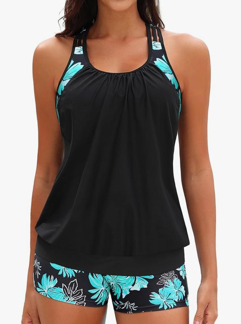 Yonique Two Piece Tankini Bathing Suits T-Back Blouson Swim Tops with Boy Shorts Women Swimsuits Sporty Swimwear,XL