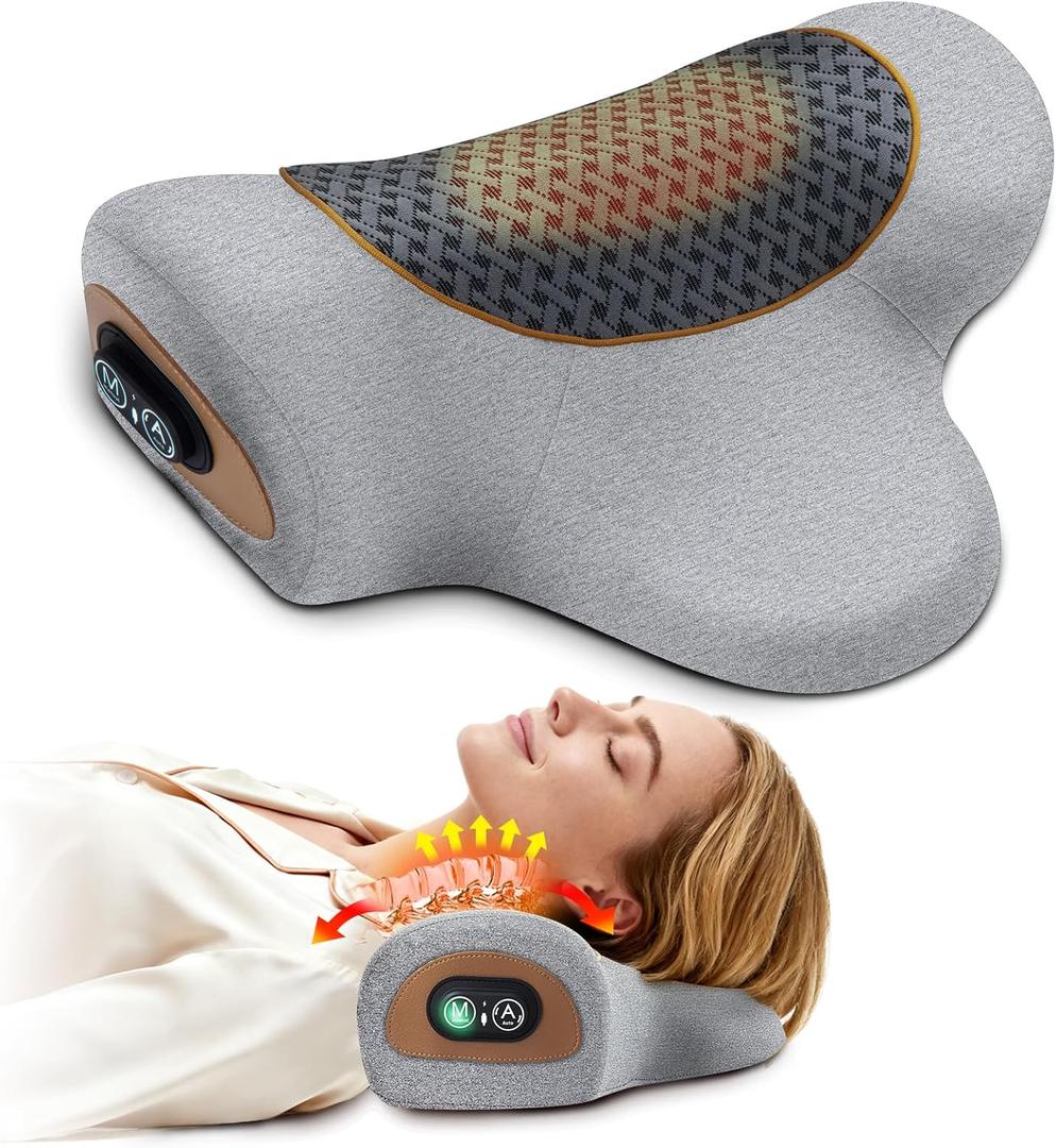 Rechargeable 3-in-1 Neck Massager Pillow with Heat,Vibration & Air Traction - Heated Neck Pillow Massage Hump Soothing Neck Relaxation, Posture Support & Stress Relief (Grey)