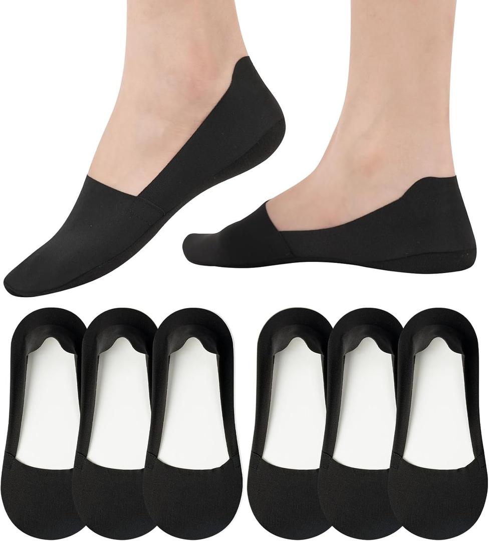 floconssy No Show Socks Womens Nylon Non Slip Low Cut Invisible Liner Footies Thin Silk Socks for Flats Loafers 6 Pairs (Black)
