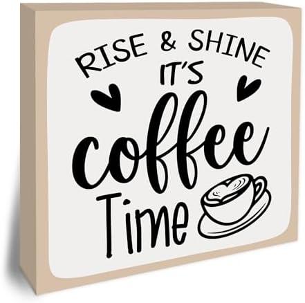 Rise & Shine It’s Coffee Time Wooden Block Plaque - Brown & Gray Tabletop Sign Decor For Friend Family Coworker - 5"x5" Room Cafe Coffee Bar Wood Block - Funny Desk Gifts Favors & Supplies - A08