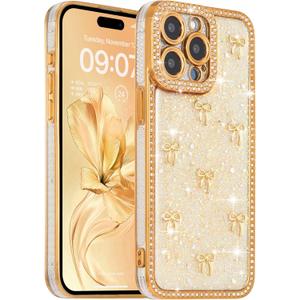 FABSPARK Case for iPhone 16 Pro Max,3D Gold Ribbon Bow,Crystal Clear Glitter Diamond Rhinestone Sequin Shiny Sparkly Bling,Aesthetic Transparent Soft for iPhone 16 Pro Max Case - Golden/Gold Bow