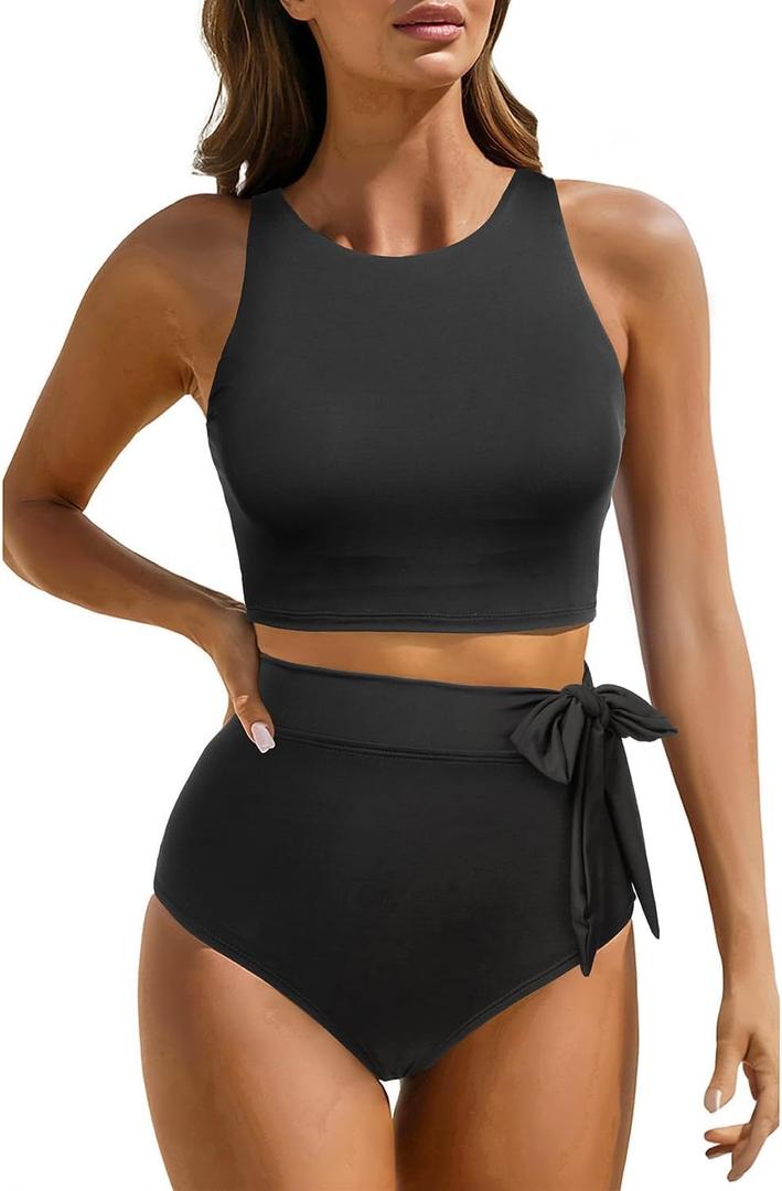 Aqua Eve Women High Waisted Bikini Set Racerback Swimsuit Two Piece Bathing Suit High Neck Swimwear (Large, Black)