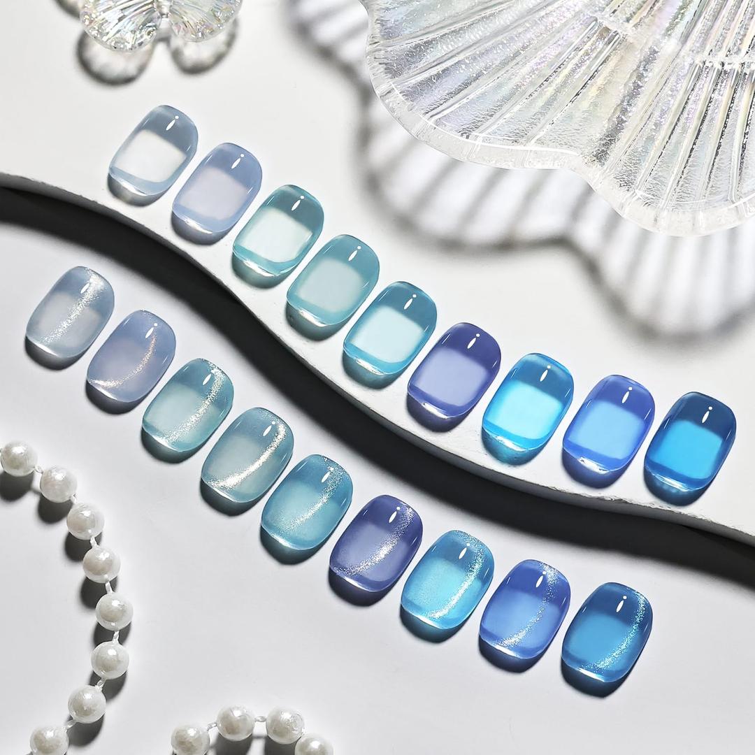 JODSONE 9 Blue Jelly Colors Gel Nail Polish Set Base Coat and Top Coat Soft Shimmery Blue Colors DIY Nail Art at Home