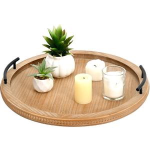 SwallowLiving 18Inch Brown Wooden Beaded Serving Tray with Handle Decorative Rustic Tray for Coffee Table Farmhouse Round Trays for Kitchen, Living Room and Bedroom