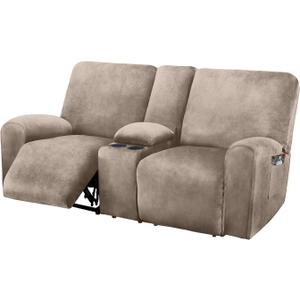 ULTICOR Reclining LoveSeat with Middle Console Slipcover, 8-Piece Velvet Stretch Loveseat Reclining Sofa Covers, 2 seat Love seat Recliner Cover, Thick, Soft, Washable, Love seat Slipcovers (Taupe)