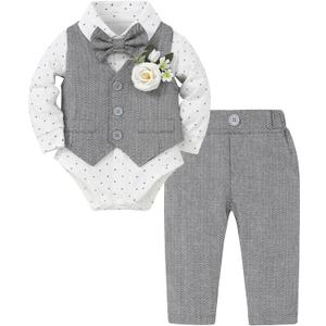 Coco&RARA Baby Boy Clothes Suits Infant Gentleman Outfits, Formal Dress Shirt+Vest+Corsage+tie+Pants Baby Suit Set 0-18M (12-18 Months, Grey)