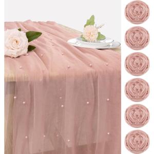 Set of 6 Pearl Valentine's Day Table Runner 29 x 120 Inch Dusty Pink Boho Rustic Tulle Fabric Lace Table Runners for Bridal Shower Birthday Party Wedding Arch Dessert Table Decor(Dusty Pink)