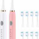 2 Pack Electric Toothbrush for Adults, Travel Electric Toothbrush Includes 10 Replacement Brush Heads, 5 Modes, 2 Hours Charge for 45 Days (White & Pink)