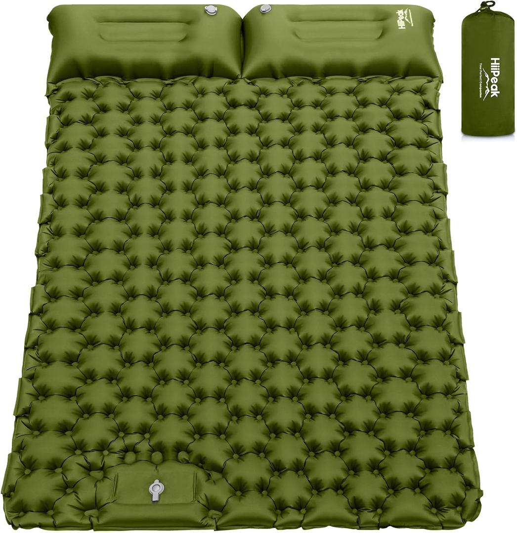 HiiPeak Double Sleeping Pad - Self Inflating 3" Extra-Thick for 2 Person with Pillow Built-in Foot Pump Inflatable Sleeping Mat for Backpacking, Hiking, Traveling, Tent, Portable Camping Mat (Green)
