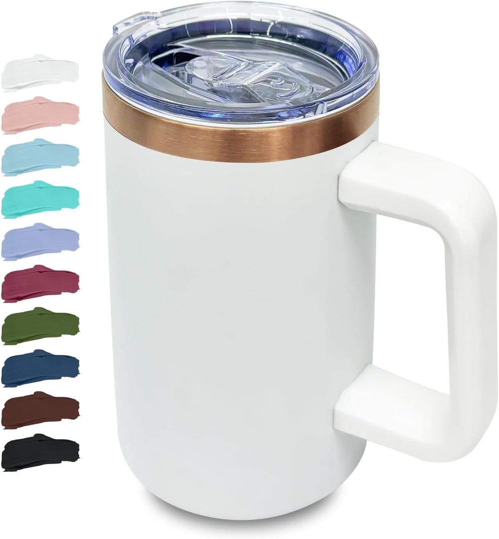 20 oz Insulated Coffee Mug with Lid, Stainless Steel Coffee Tumbler Bulk, Double Wall Vacuum Travel Mug with Handle, Leakproof Powder Coated Coffee Cups for Hot and Cold Drinks (White,1 pack)