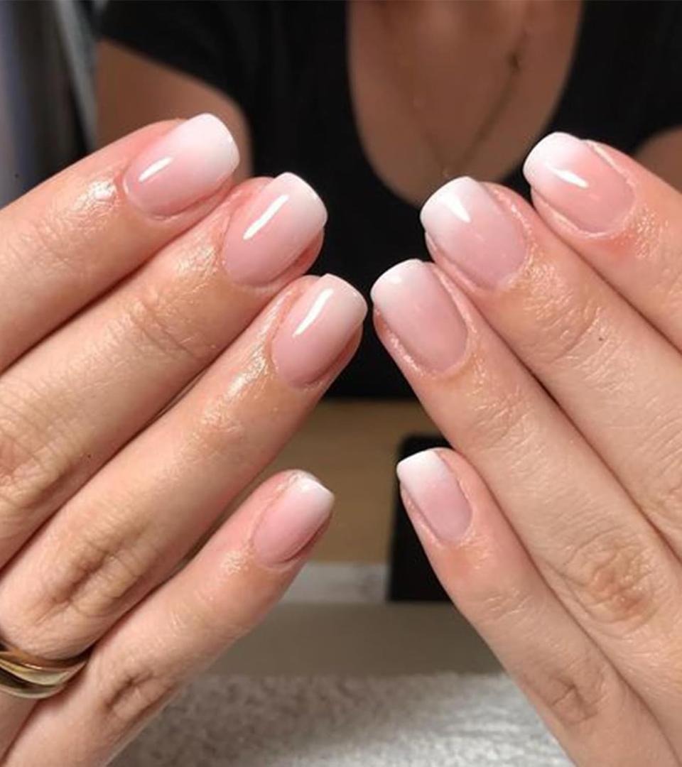 24pcs Short Press On Nails - Ombre Square Stick On, French Glue On with Jelly Sticker, Fake Nails Kit in 12 Sizes