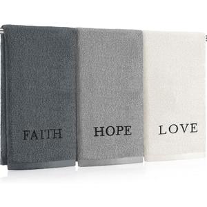 FuWeave 3 Pcs Farmhouse Decorative Hand Towels for Bathroom and Kitchen Rustic Embroidered Cotton Hand Towels Decorative Set for Boho Bathroom Decor(Gray,Faith Hope Love)